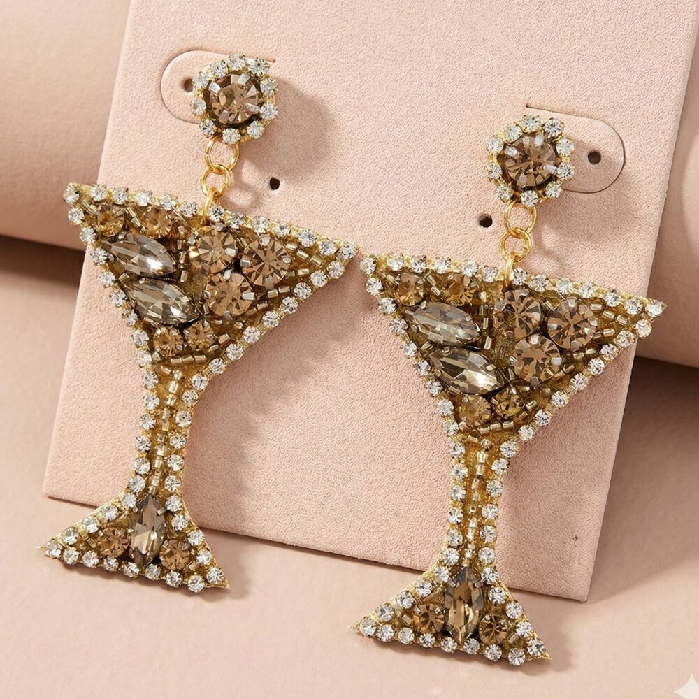 NEW Boston Proper GOLD Martini Cocktail Earrings Crystal Bead Statement Jewelry